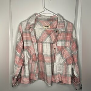 Ci Sono Women's Pink and White Plaid Button Down Long Sleeve Shirt